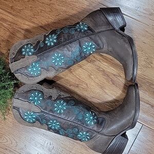 Brown Leather Cowboy Boots with Turquoise Floral Embroidery 6